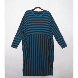 Lisa Bayne Dress Medium Blue Black Stripe Lagenlook‎ Art To Wear Dolman Sleeve